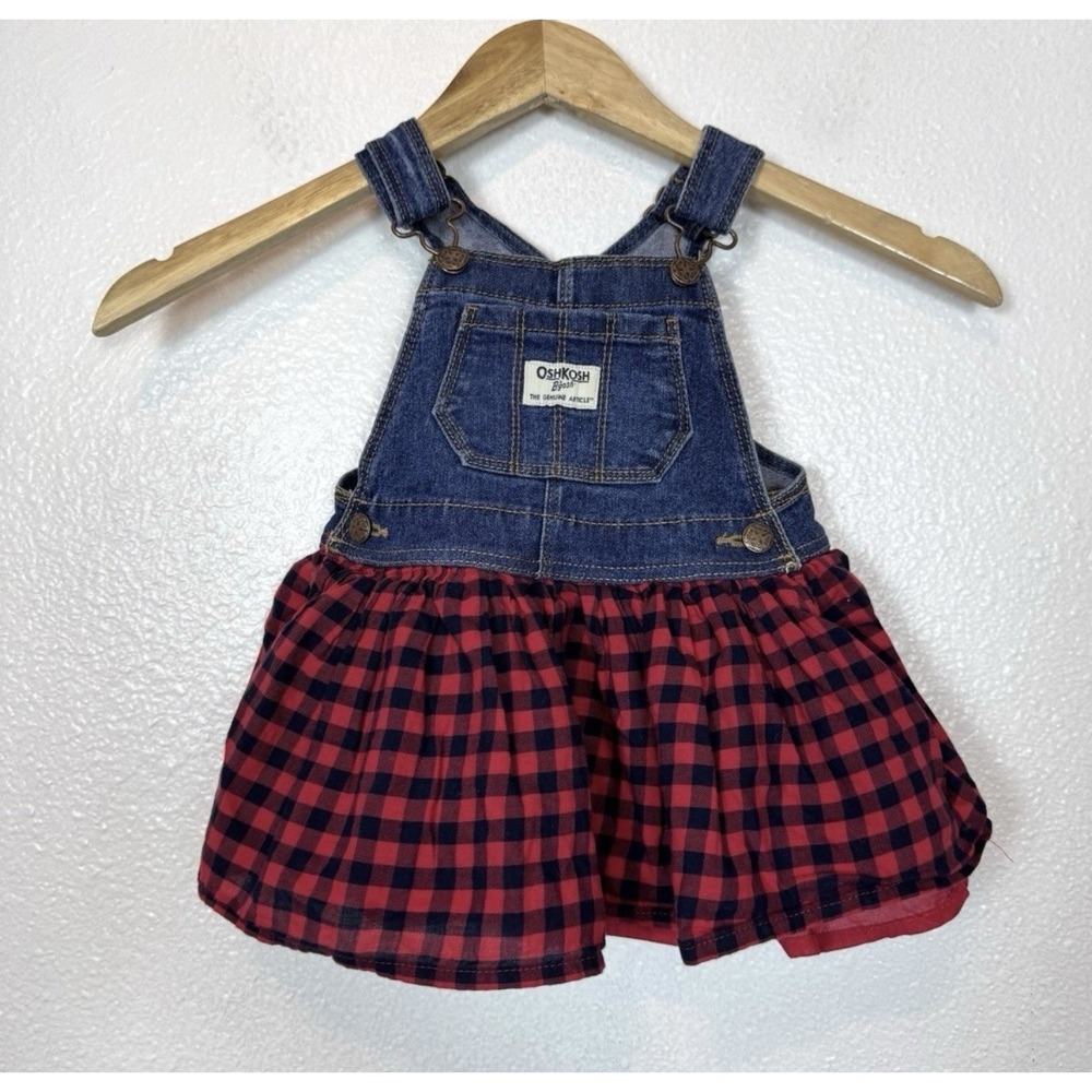 Oshkosh Vestbak Overall Dress Jumper 18 Months‎ Red Black Plaid Shirt Denim
